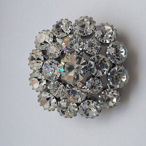 Vintage Clear Rhinestone Domed Brooch 70s Prong Silver Reflective